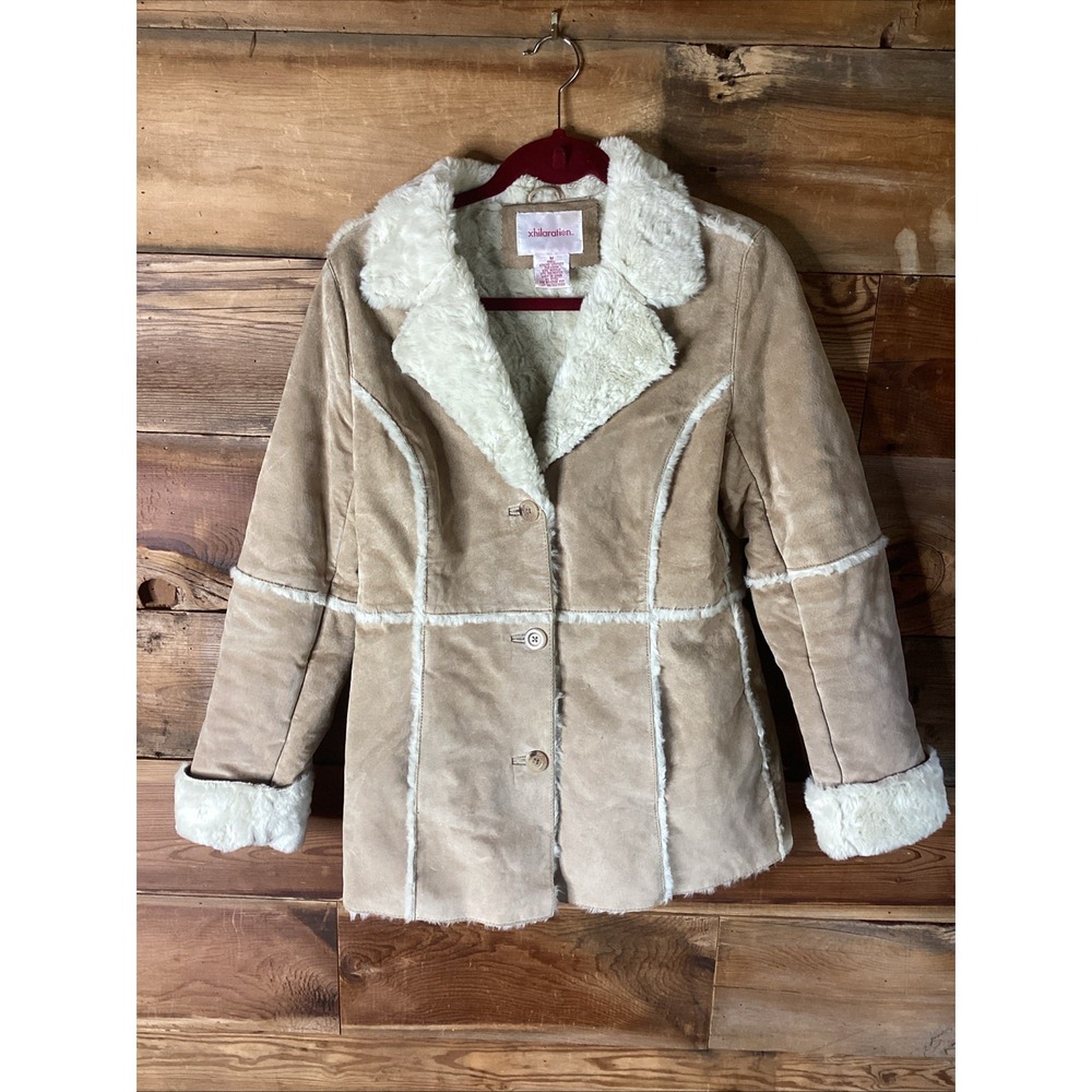 VINTAGE Xhilaration Jacket Real Tan Suede Leather Faux Sherpa Trim & Lining Y2K